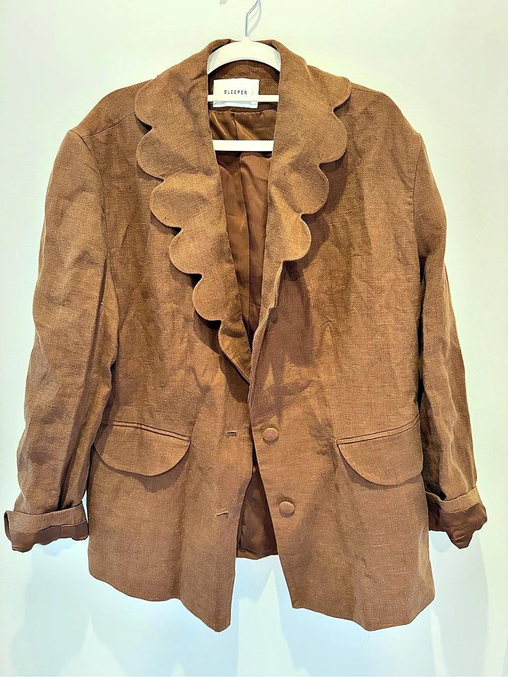 Sleeper Dynasty Scalloped Linen Blazer Brown
